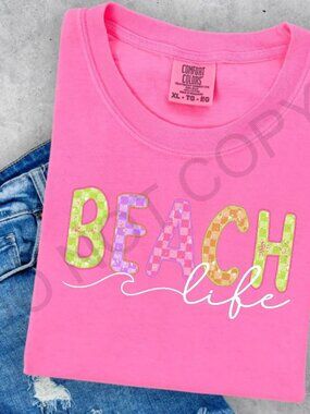 Beach Life Shirt Colorful Graphic Tee Summer Vacation Coastal Top Neon Pink